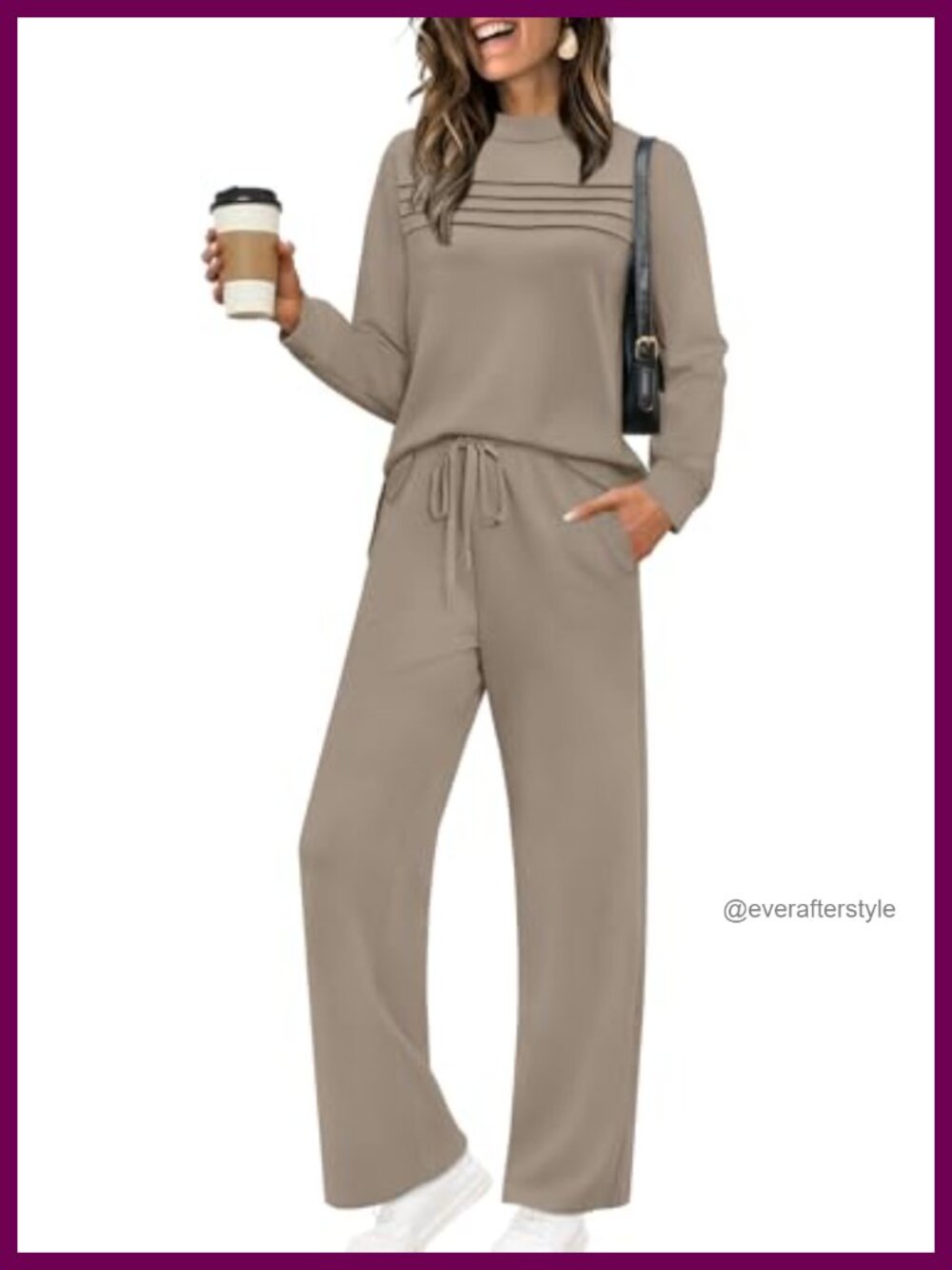 Two Piece Lounge Set Long Sleeve Wide Leg Crop Pants Travel Outfit